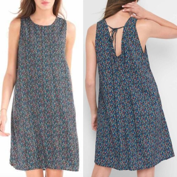 GAP Sleeveless Tie Back Swing Tank Dress Black Rainbow Blue Red Rayon Mini XS - Picture 1 of 11